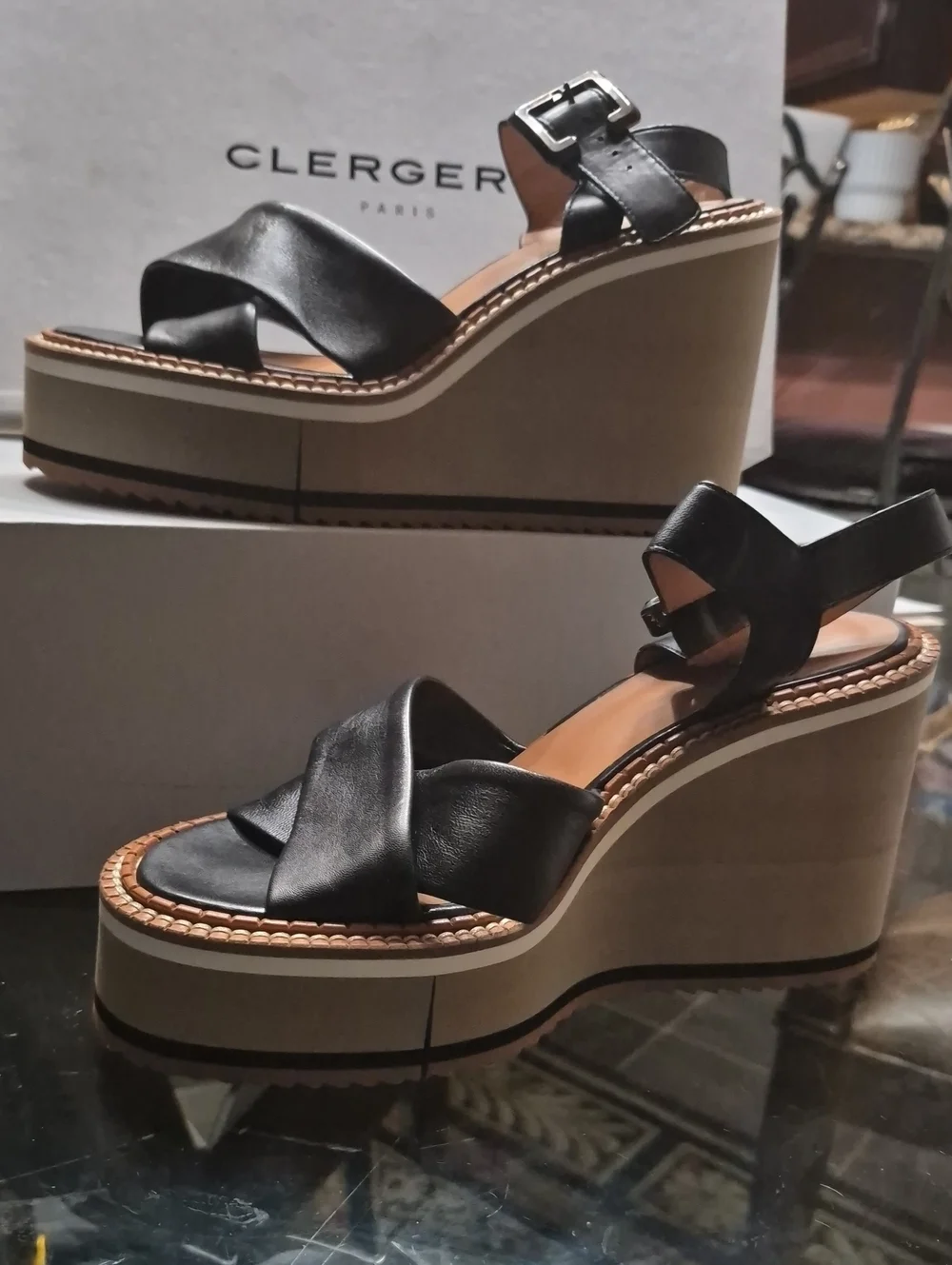 Robert Clergerie Black Leather Crossover Strap Platform Wedges